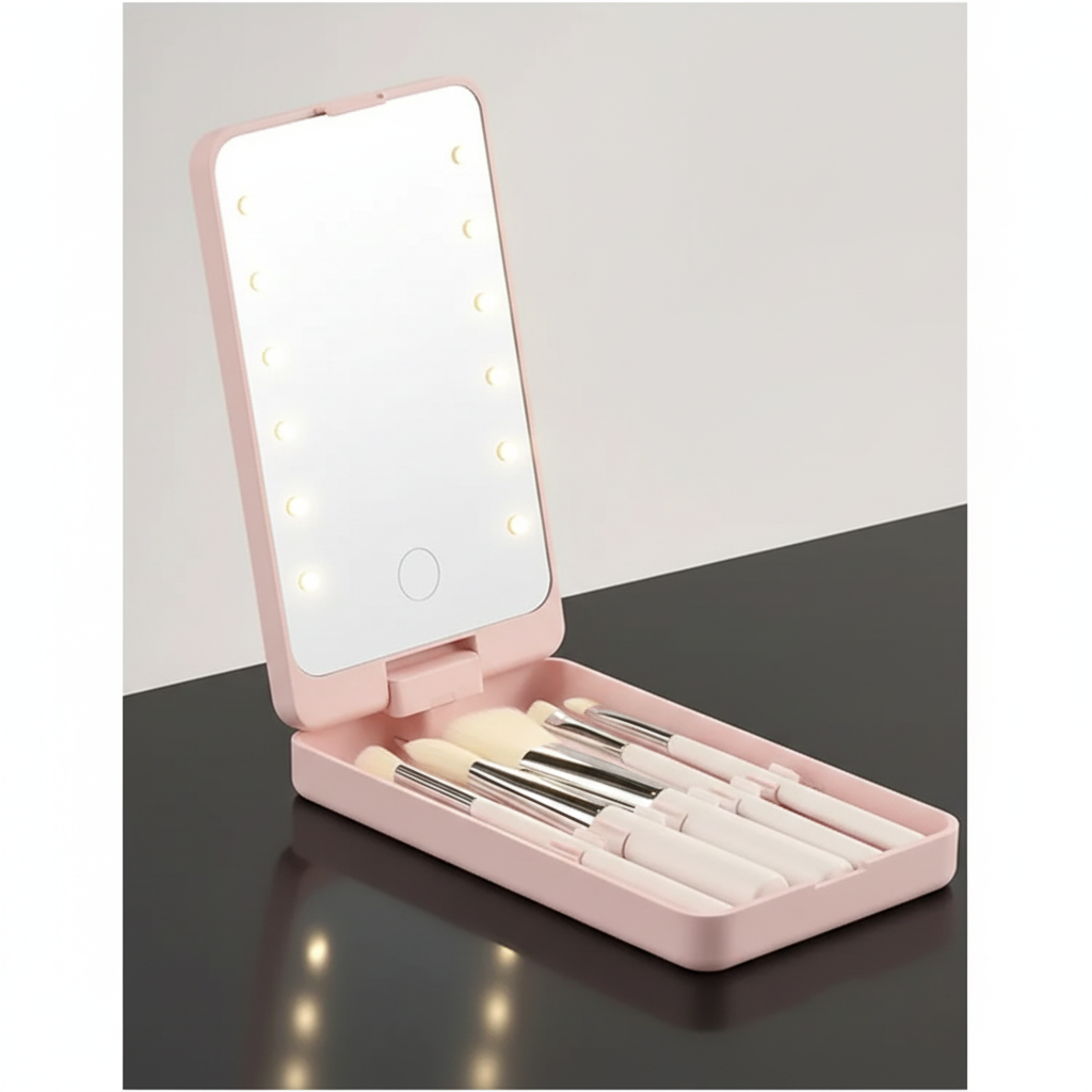 Espejo plegable LED rosado con brochas de mango plateado
