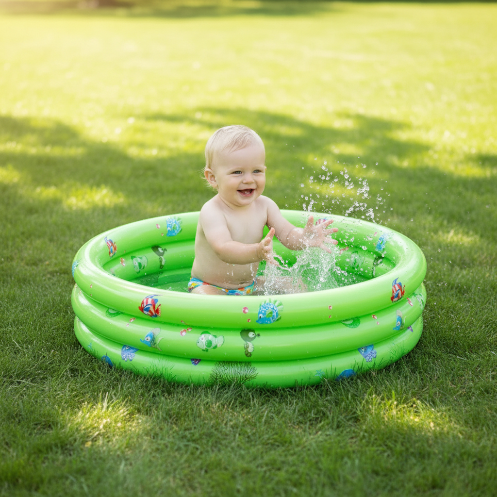 Piscina inflable redonda verde 3 anillos 80cm con bebé jugando