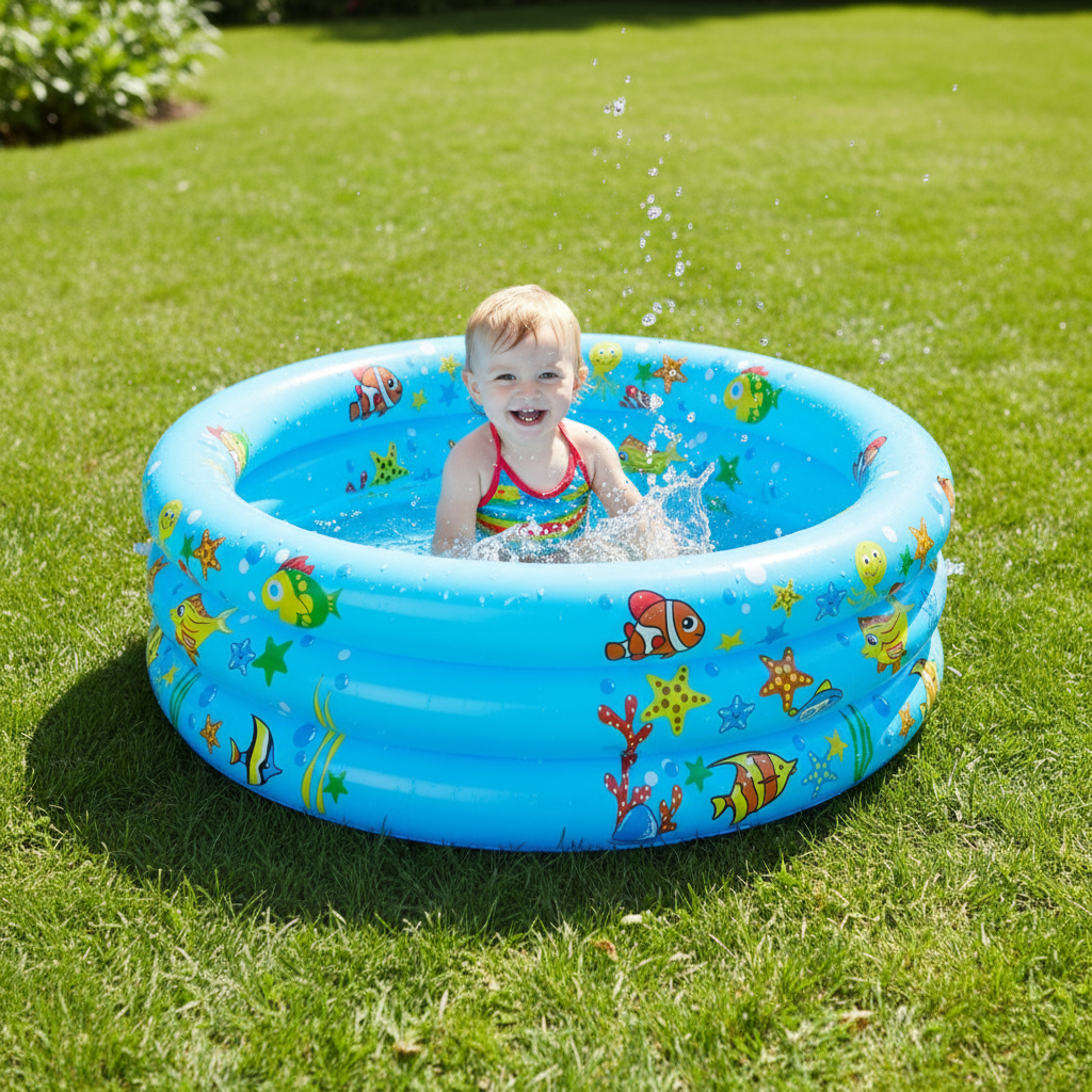 Piscina inflable redonda azul 3 anillos 120cm con niños jugando