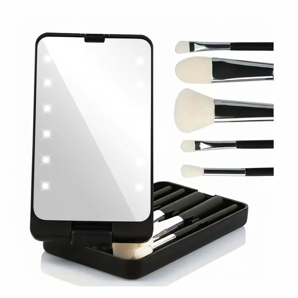 Espejo plegable con luces LED y set de 5 brochas de maquillaje profesionales