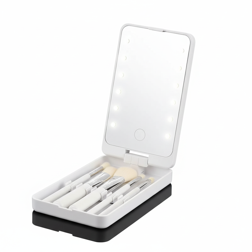 Espejo plegable LED blanco con brochas de mango plateado
