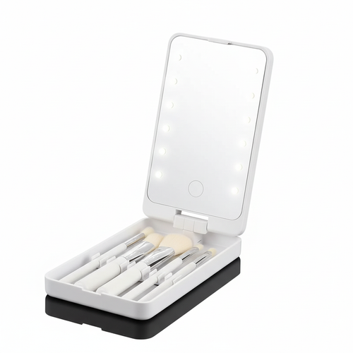 Espejo plegable LED blanco con brochas de mango plateado