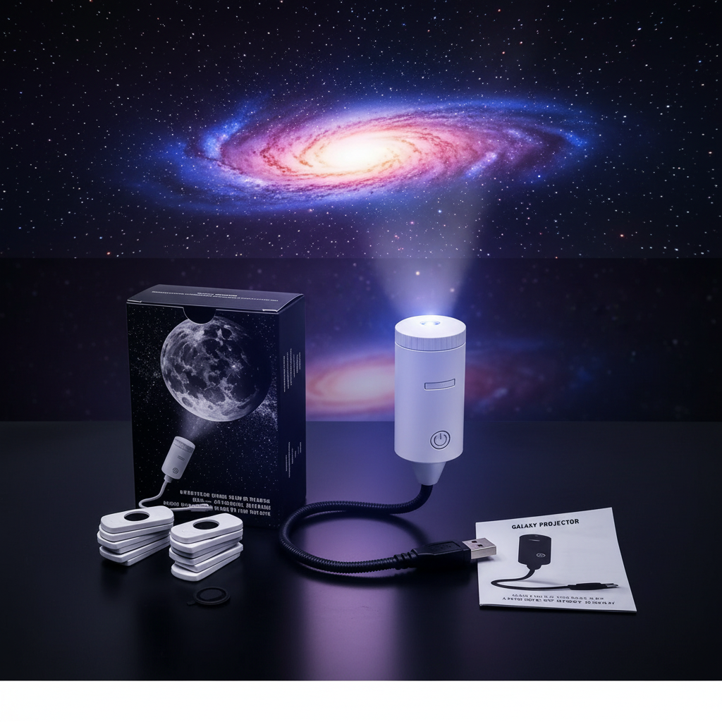 Mini proyector espacial USB proyectando galaxias y estrellas en habitación oscura