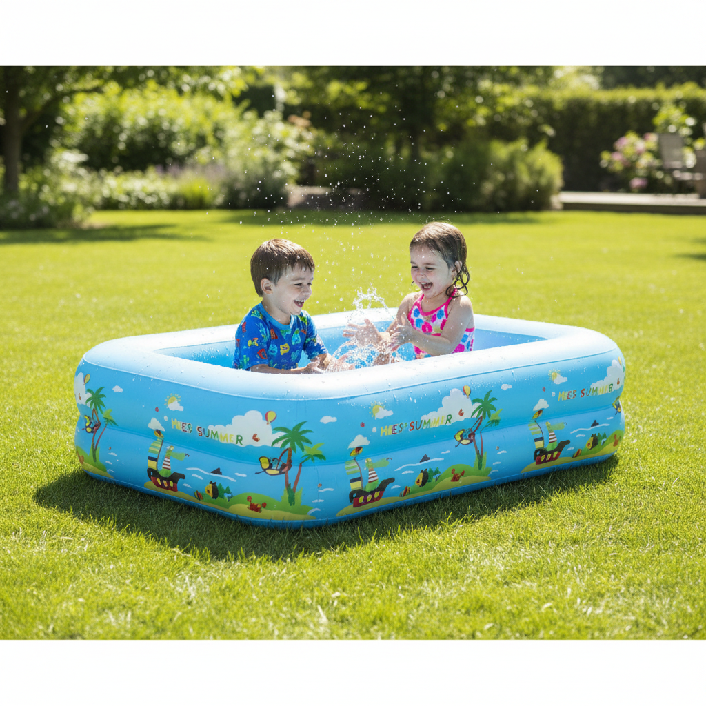 Piscina inflable familiar rectangular azul 120cm en jardín
